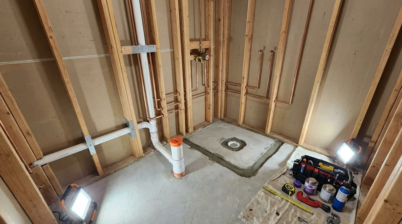 Bathroom rough-in plumbing during remodel by Johns Plumbing LLC in Carencro