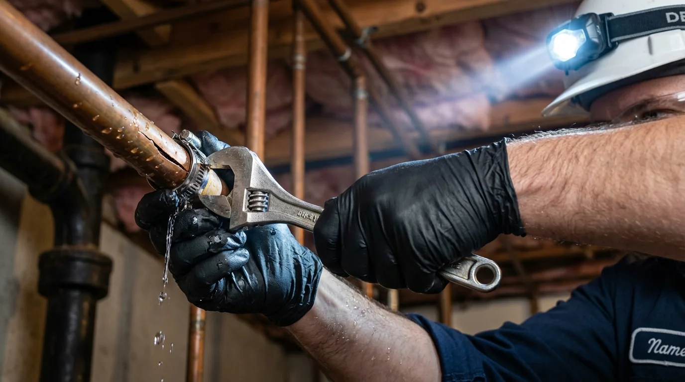 Emergency pipe clamp repair being performed by a Johns Plumbing LLC plumber in Carencro