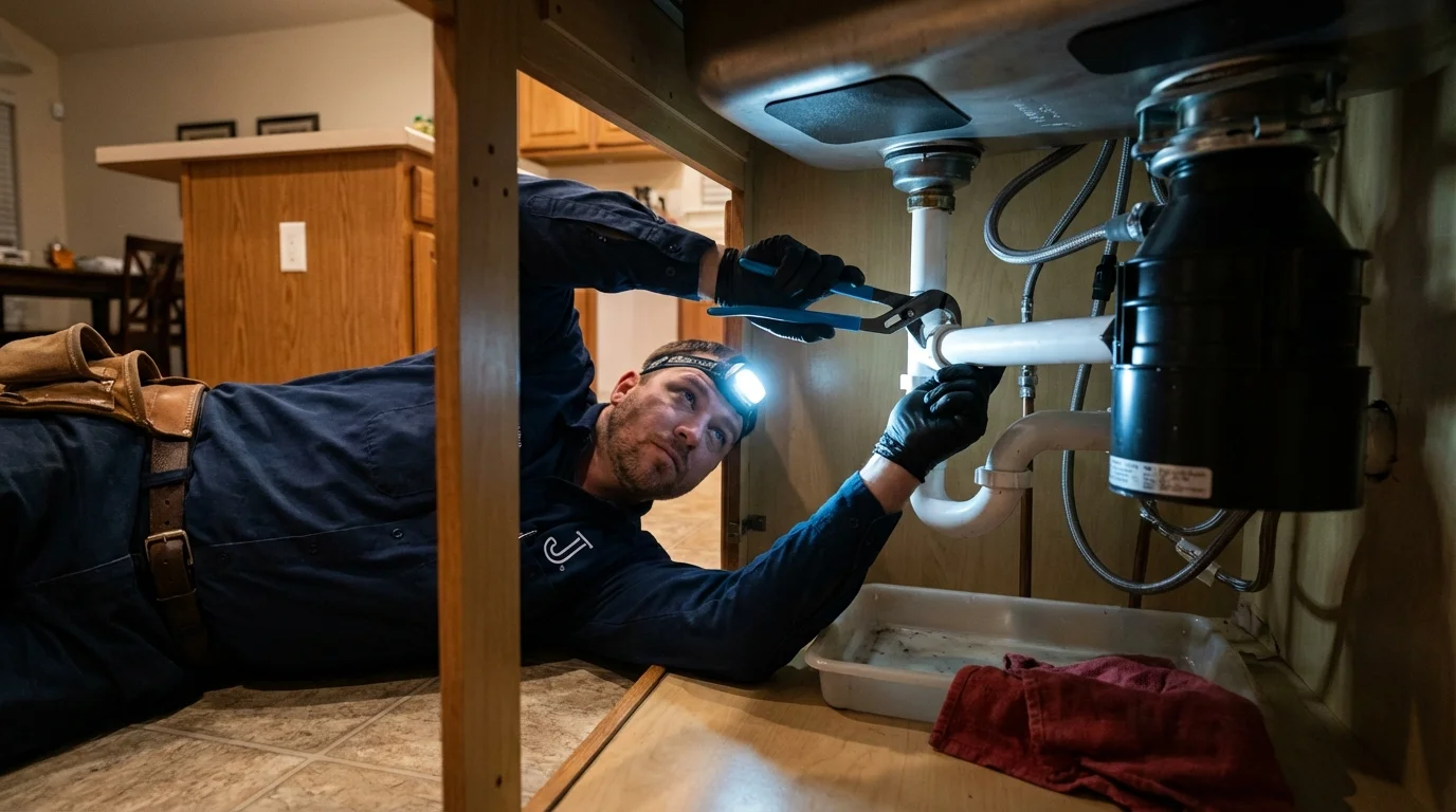 P-trap and supply line connections under a kitchen sink showing a common leak point in Carencro, LA